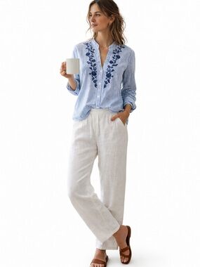 Abercrombie Striped Botanical Embroidered Button Up Blouse Coastal Preppy Top M